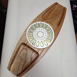 Vtg MCM Fred Press Turquoise & Gold Cheese Tray Hand Carved Sere Wood Mahogany